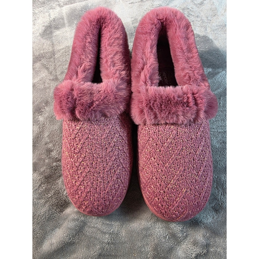 Skechers Cozy Lite Sweet Walk Women 6 Wide Mauve Glitter Faux Fur Slippers NEW - Picture 2 of 7